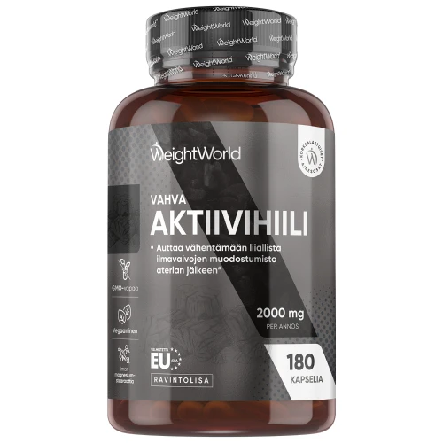 Aktiivihiili 2 000 mg, 180 kapselia - Vegaaninen, GMO-vapaa ja ilman magnesiumstearaattia - Auttaa vähentämään ilmavaivoja aterian jälkeen