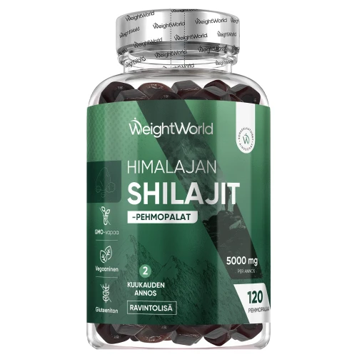 Himalajan Shilajit 5000 mg - 120 vegaanista pehmopalaa - Luonnollinen ravintolisä, joka sisältää kaliumsitraattia ja A-vitamiinia lihaksille, iholle j