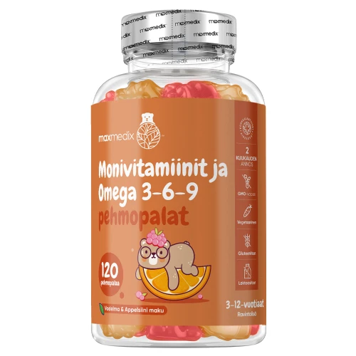 Monivitamiinit lapsille - 120 pehmonallea - Sisältää 17 vitamiinia ja mineraalia, jotka ovat tukevat lasten kasvua ja kehitystä.