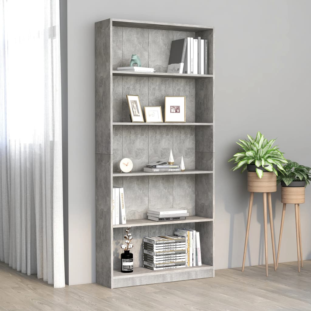 vidaXL 5-tasoinen kirjahylly betoninharmaa 80x24x175 cm tekninen puu